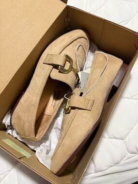 a new day Beige Suede Loafers with Gold Buckle